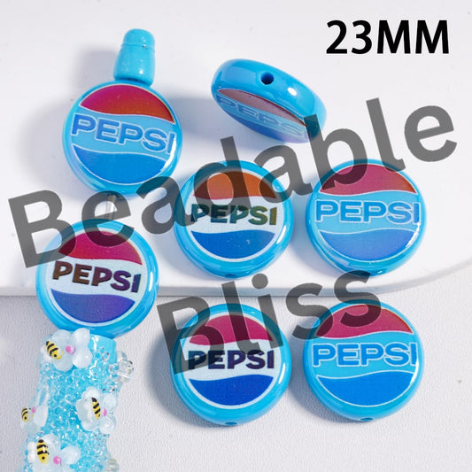 Acrylic Beads UV Coating Soda Double Side Printed, Blue Flat Round Shape, 23MM