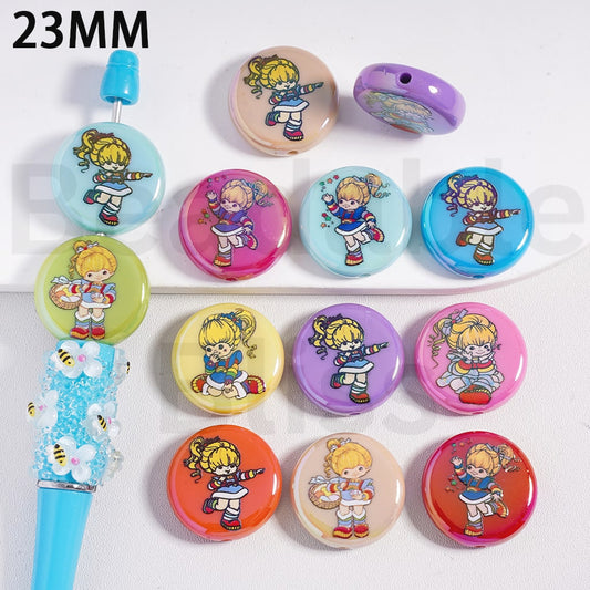 Acrylic Beads UV Coating Cute Girl Rainbow Brit Series, Flat Round Shape, Multi-Color, 23MM, Random Mix