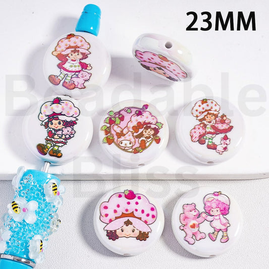 Acrylic Beads UV Coating Cute Strawberr Shortcak Girl Series, Flat Round Shape, White, 23MM, Random Mix