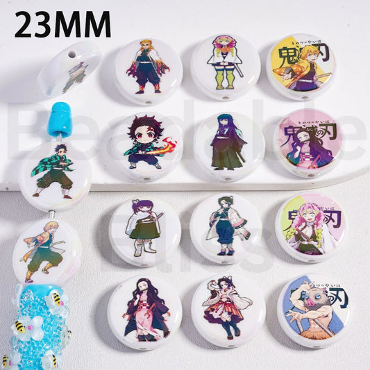 Acrylic Beads UV Coating Demo Slaye Japan Anime Series, Flat Round Shape, 23MM, Random Mix