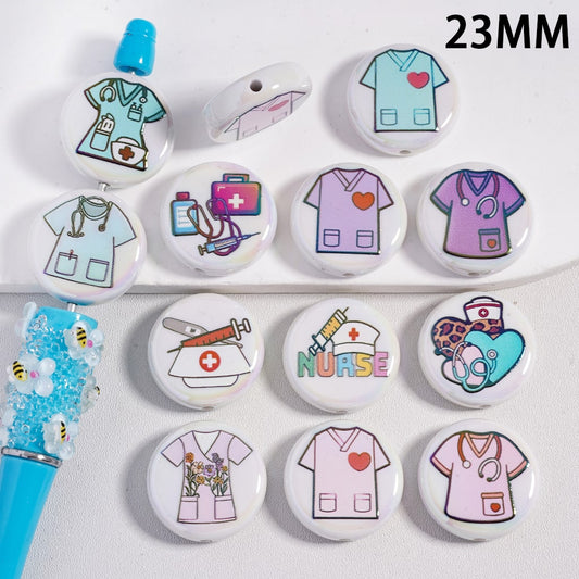 Acrylic Beads UV Coating Nurse Series, Flat Round Shape, 23MM, Random Mix