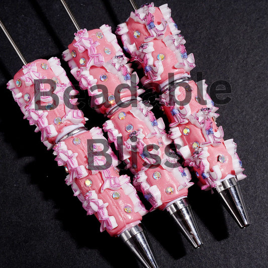 Beadable Clay Pens Pink Leopard Series and AB Rhinestones on Pink Background