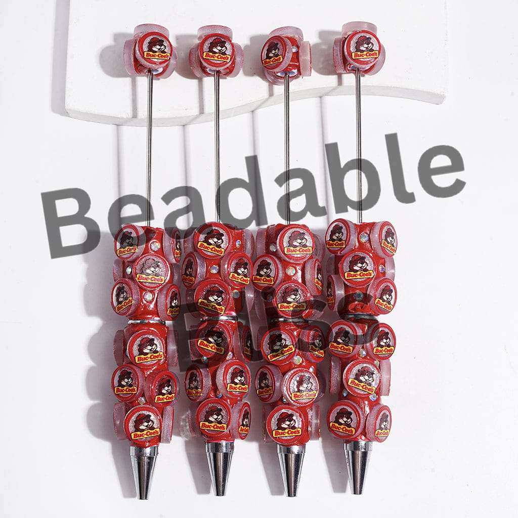 Round Design with Cute Beaver and Silver Glitter Beadable Clay Pens, AB Rhinestones