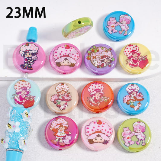 Acrylic Beads UV Coating Cute Strawberr Shortcak Girl Series, Flat Round Shape, Multi-Color, 23MM, Random Mix
