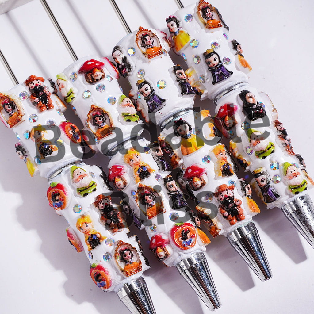 Beadable Clay Pens with White Snow Princess and Seven Gnome Elf Character, AB Rhinestones
