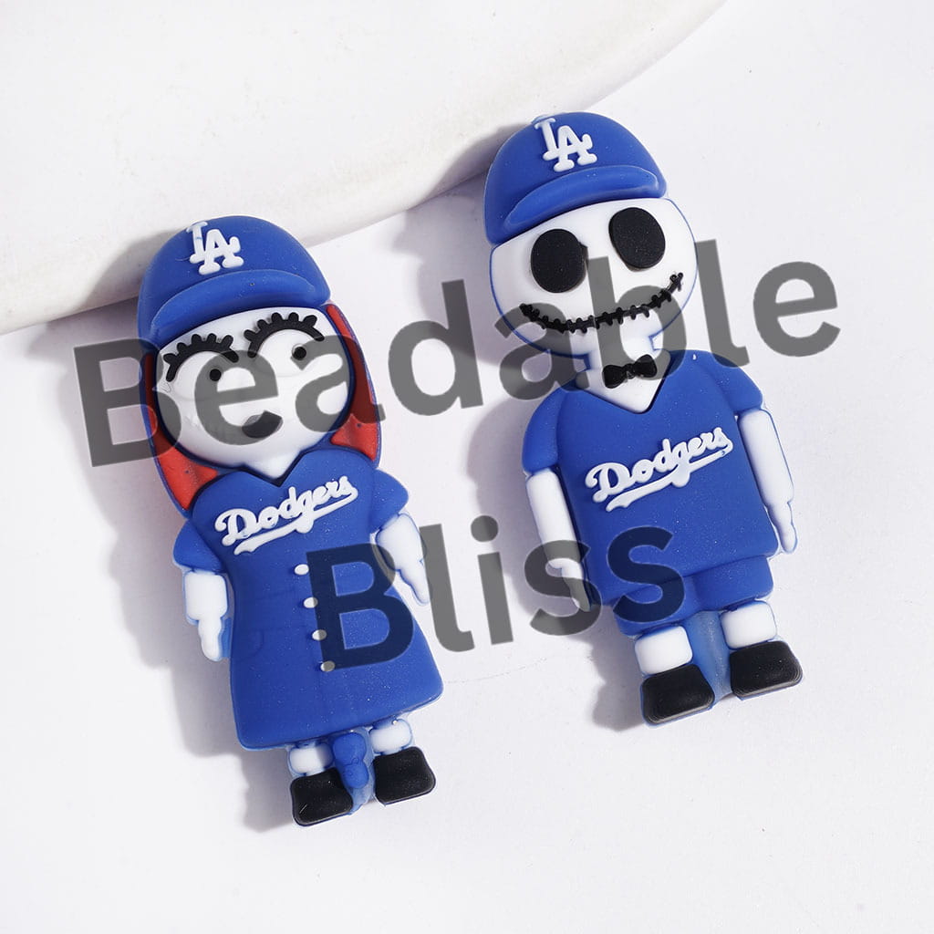 Silicone Focal Beads 3D Skull Skeleton Couple Character with Blue Sports Hat & Jersey Set, LA Baseball Team