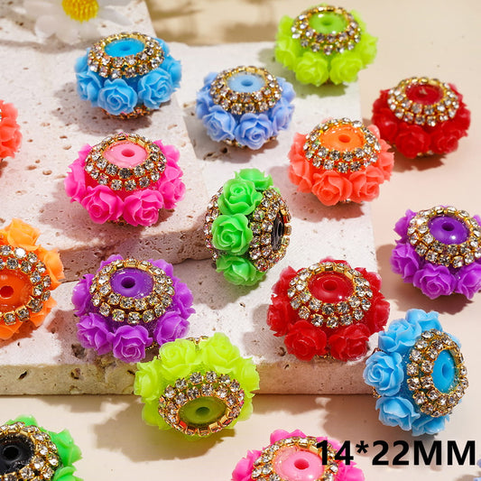 Handmade Acrylic Beads with Rose Flowers and Gold Alloy Chains w Clear Rhinestones, 14*22MM, Fluorescent Colors, Random Mix