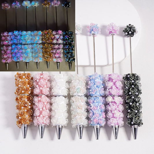 Beadable Clay Pen with Luminous Glitter Flower White Pearls