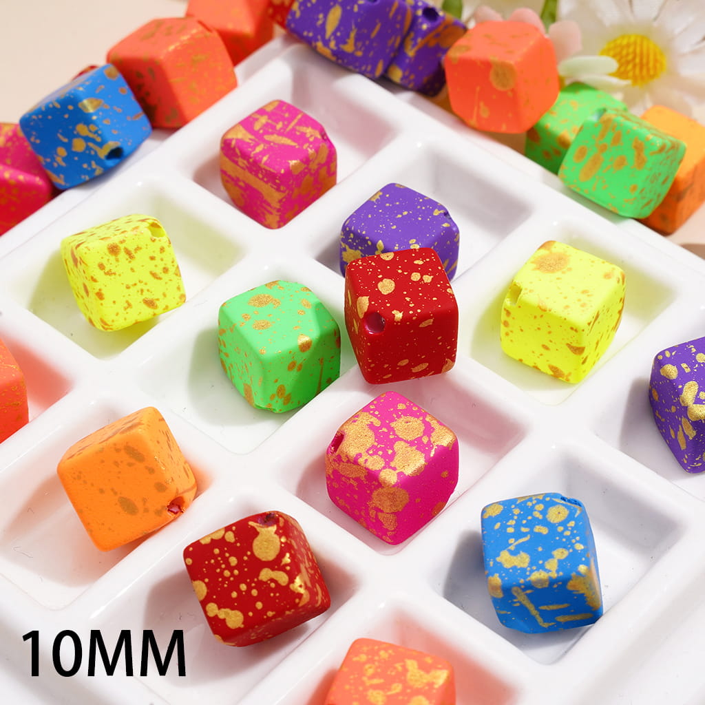 Cube Square Acrylic Beads with Gold Ink Splash-Ink Spots, 10MM, Fluorescence, Random Mix