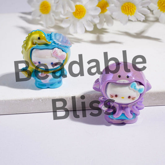 UV-Coated Acrylic Beads Cute Cat Character Wearing Marine Life Sailor Diving Suits, Random Mix Multi-Color
