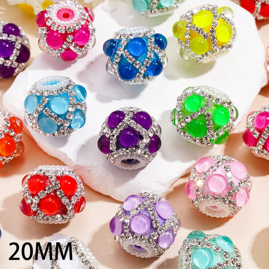 Handcrafted Acrylic Beads w Neon Colors Half-Face Rhinestones & "V" Shaped Clear Rhinestone Chains, White Pearls Chains, 20MM, Random Mix
