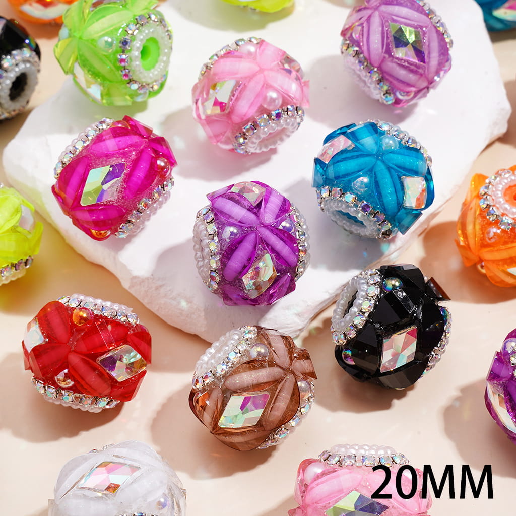 Handmade Acrylic Beads w Four Leaves & Iridescent Diamond Shaped Rhinestones, UV Coating Half Face Pearls, AB Rhinestone & White Pearl Chains, 20MM, Neon, Random Mix