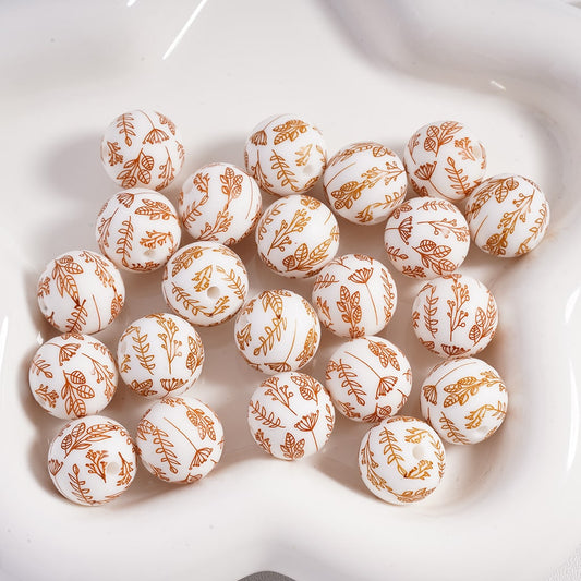 Golden Tree Leaves Printed Silicone Beads 15MM, White, Z-00306