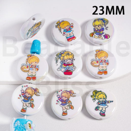 Acrylic Beads UV Coating Cute Girl Rainbow Brit Series, Flat Round Shape, White Color, 23MM, Random Mix