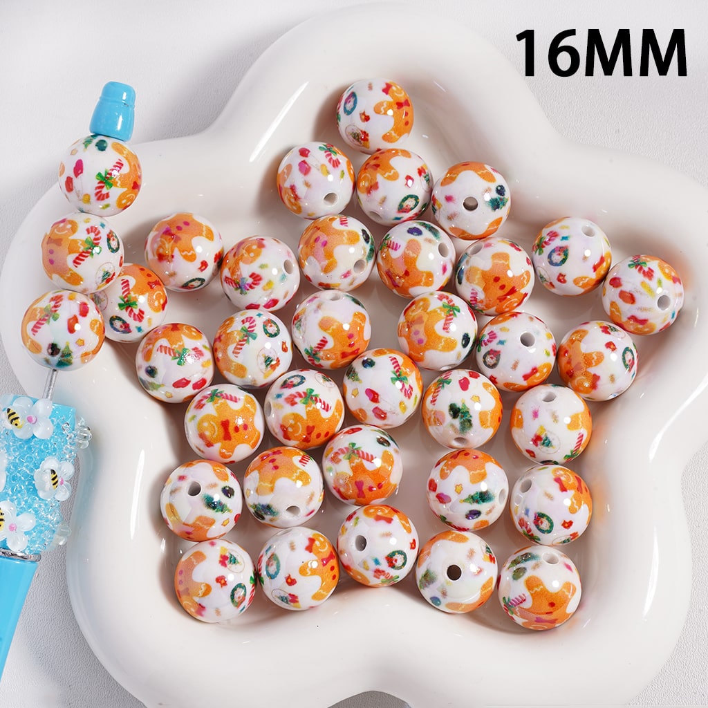 Acrylic Beads Cute Christmas Gingerbread Man, White, 16MM
