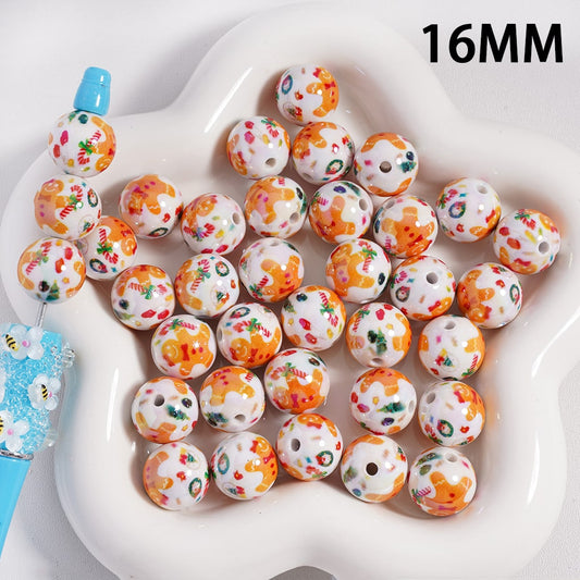 Acrylic Beads Cute Christmas Gingerbread Man, White, 16MM