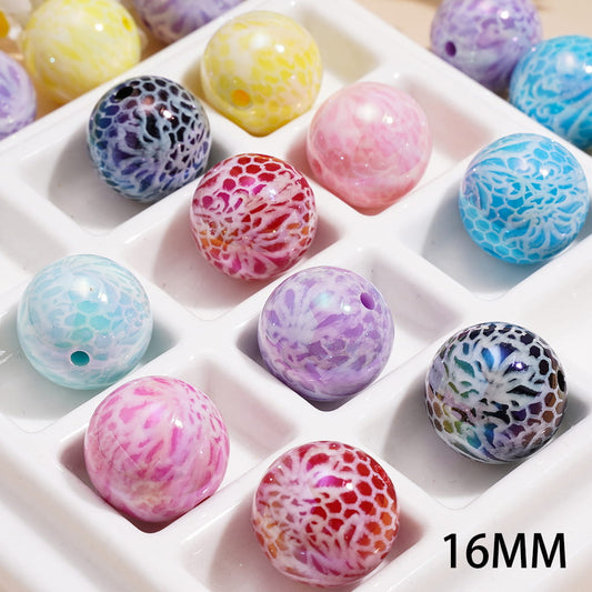 Acrylic Beads for Bracelets UV Coating with Assorted Colors Snake Scale Texture, 16MM, Random Mix