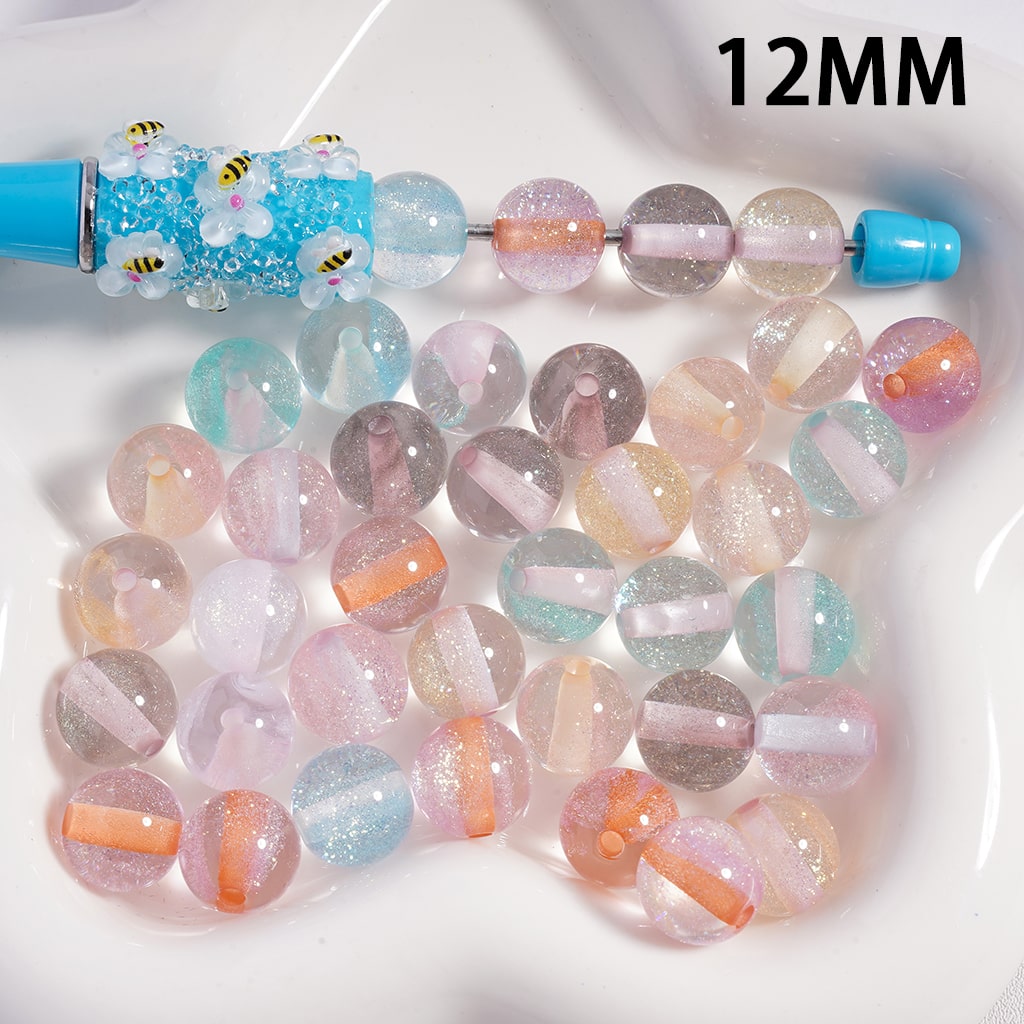 Acrylic Beads Shiny Glitter Inside, Multi-Color, Semi-Clear, 12MM