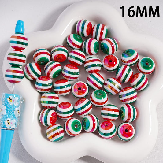 Acrylic Beads UV Coating Christmas Series Red & Green Stripes, White Color, 16MM, Random Mix
