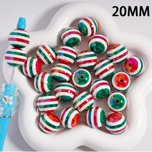 Acrylic Beads UV Coating Christmas Series Red & Green Stripes, White Color, 20MM