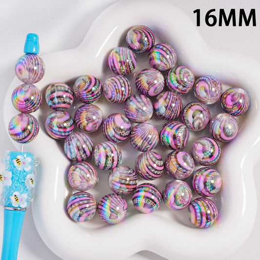 Acrylic Beads UV Coating Dazzling Purple Brown Stripes, 16MM