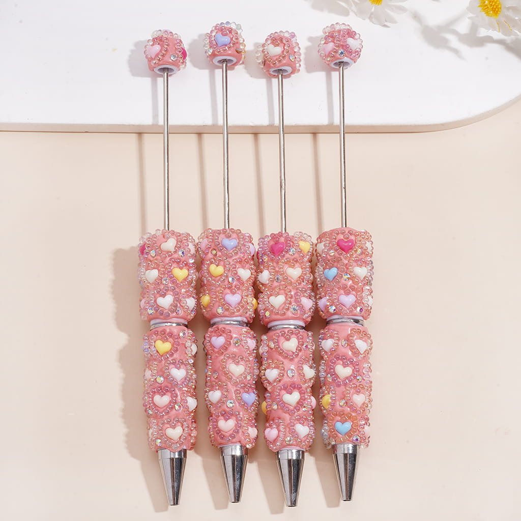 Beadable Clay Pens w UV Coating Hollow Heart-Shaped Pearl Spacers & AB Rhinestones, Macaron Colors Hearts, Pink Pen Body