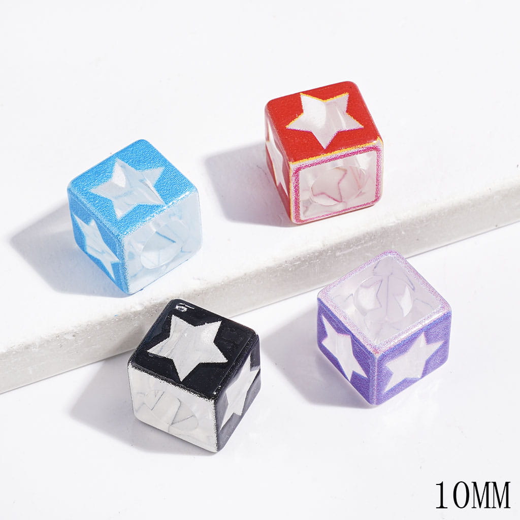 Acrylic Beads Cube Square Shape with Star, 10MM, Big Hole Beads, Clear, Random Mix (The Hole Diameter is 6MM)