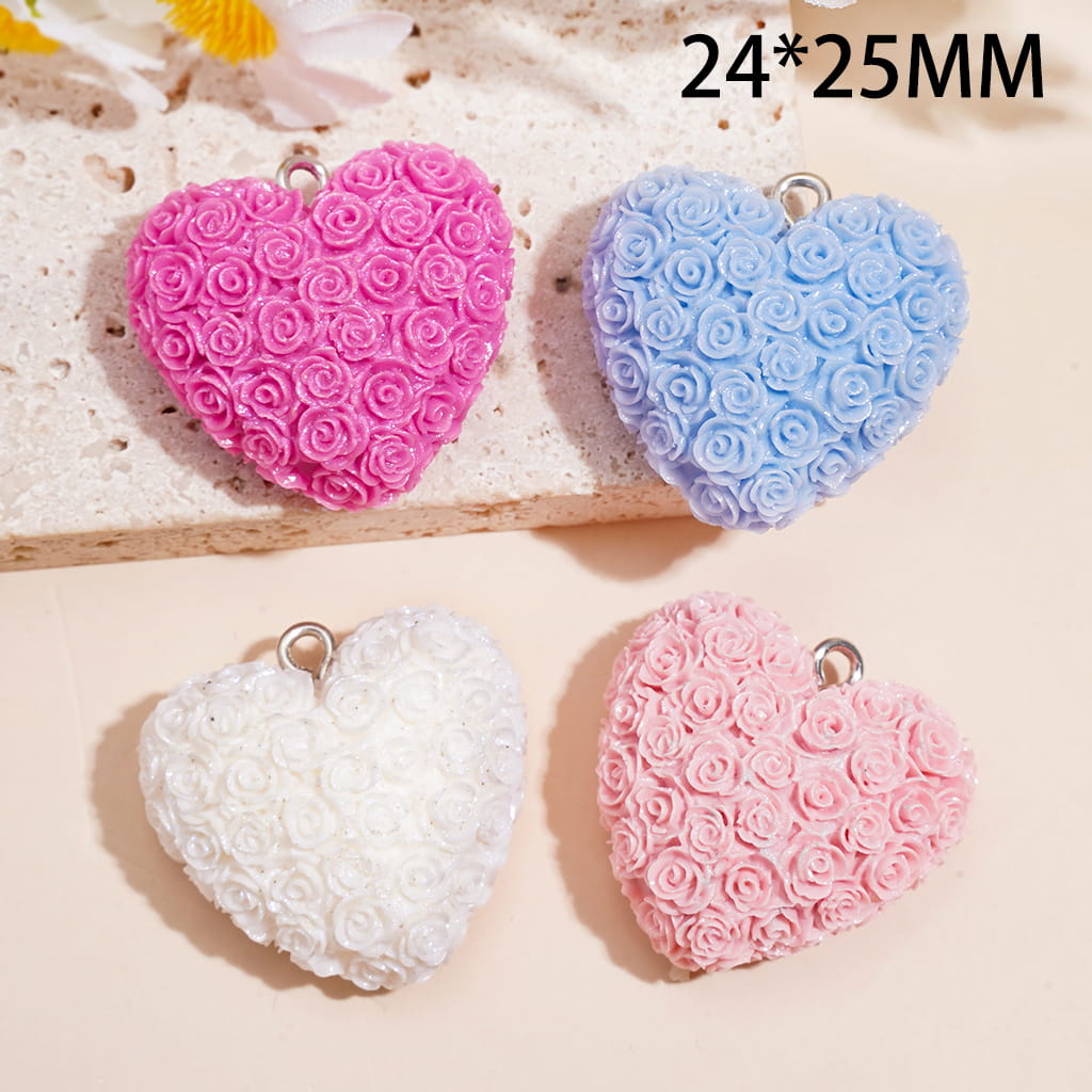Acrylic Charms Pendants Frosted Heart with Rose Flowers, 24*25MM, Valentine's Day Theme, Multi-Color, Random Mix