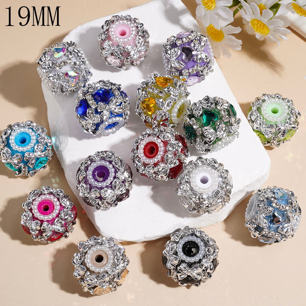 Handmade Acrylic Beads w Heart Shape Rhinestone & Silver Bowtie, Clear Rhinestones & White Pearl Chains, 19MM Random Mix Multi-Color