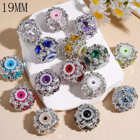 Handmade Acrylic Beads w Heart Shape Rhinestone & Silver Bowtie, Clear Rhinestones & White Pearl Chains, 19MM Random Mix Multi-Color