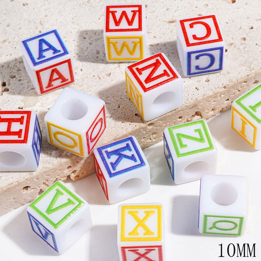 Cube Square Shape with ALL Alphabet Letter Acrylic Beads, 10MM, Big Hole Beads, Random Mix (The Hole Diameter is 6MM)
