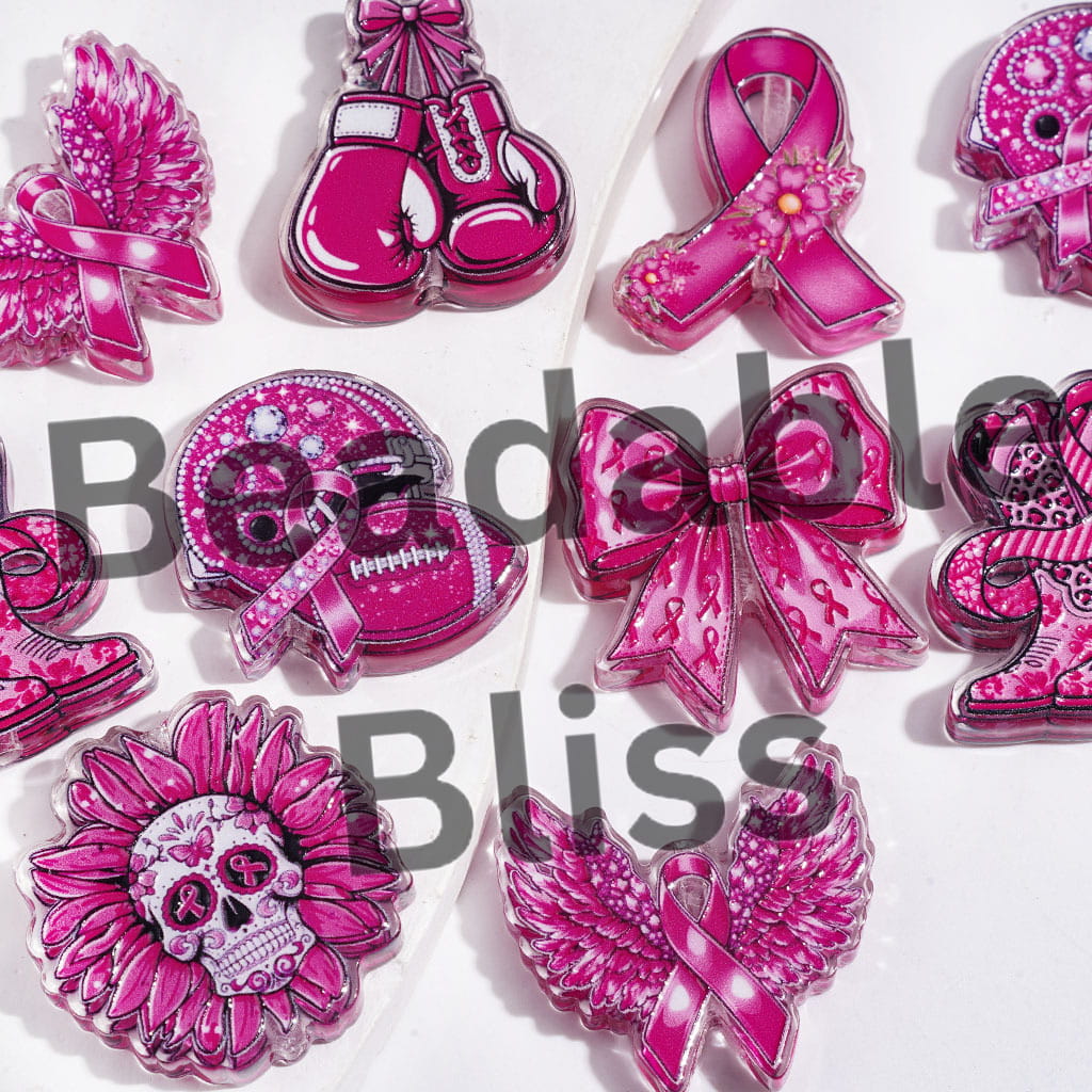 Semi-Clear Acrylic Beads Pancreatic Cancer Awarenss in Pink Red Series, Silk Ribbon Butterfly Flower Pattern, Random Mix