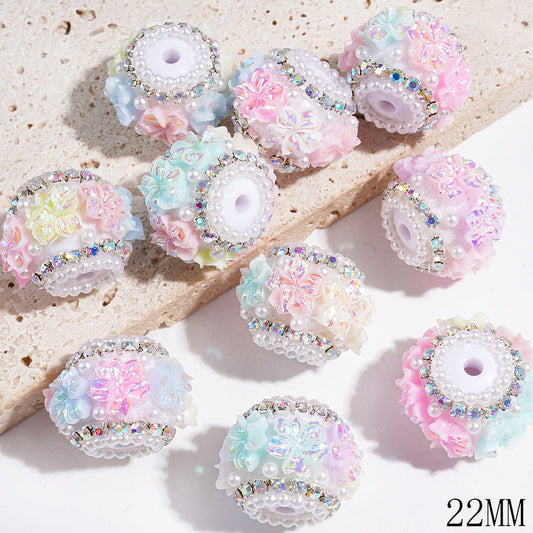 Handmade Acrylic Beads with UV Finish Flowers & White Pearls, AB Rhinestone & White Pearl Chains, 22MM