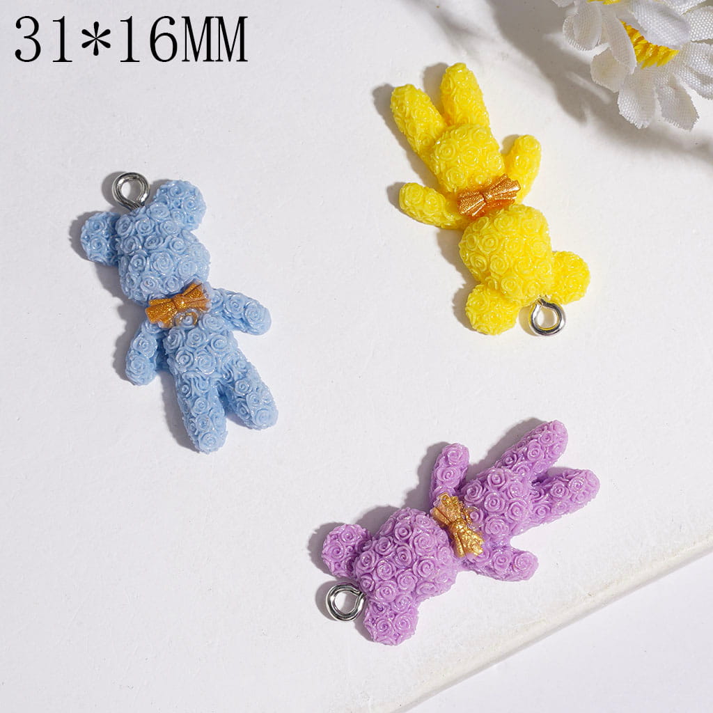 Acrylic Pendants Bear Shape with Rose Flower Gold Bowtie, 31*16MM Multi-Color Random Mix