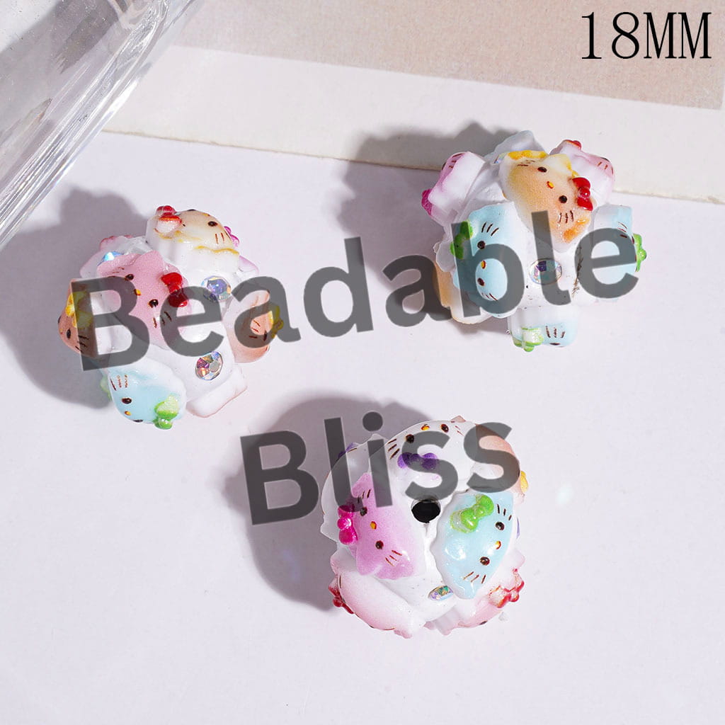 Clay Beads Dumpling Shape Cute Cat Character with Bowtie and AB Rhinestones, 18MM Multi-Color
