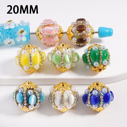 Acrylic Beads w Fancy Gold Alloy Flower Cat Eye Style Oval Rhinestones, 20MM, White Pearls & Clear Rhinestones Chain, Multi-Color, Random Mix,