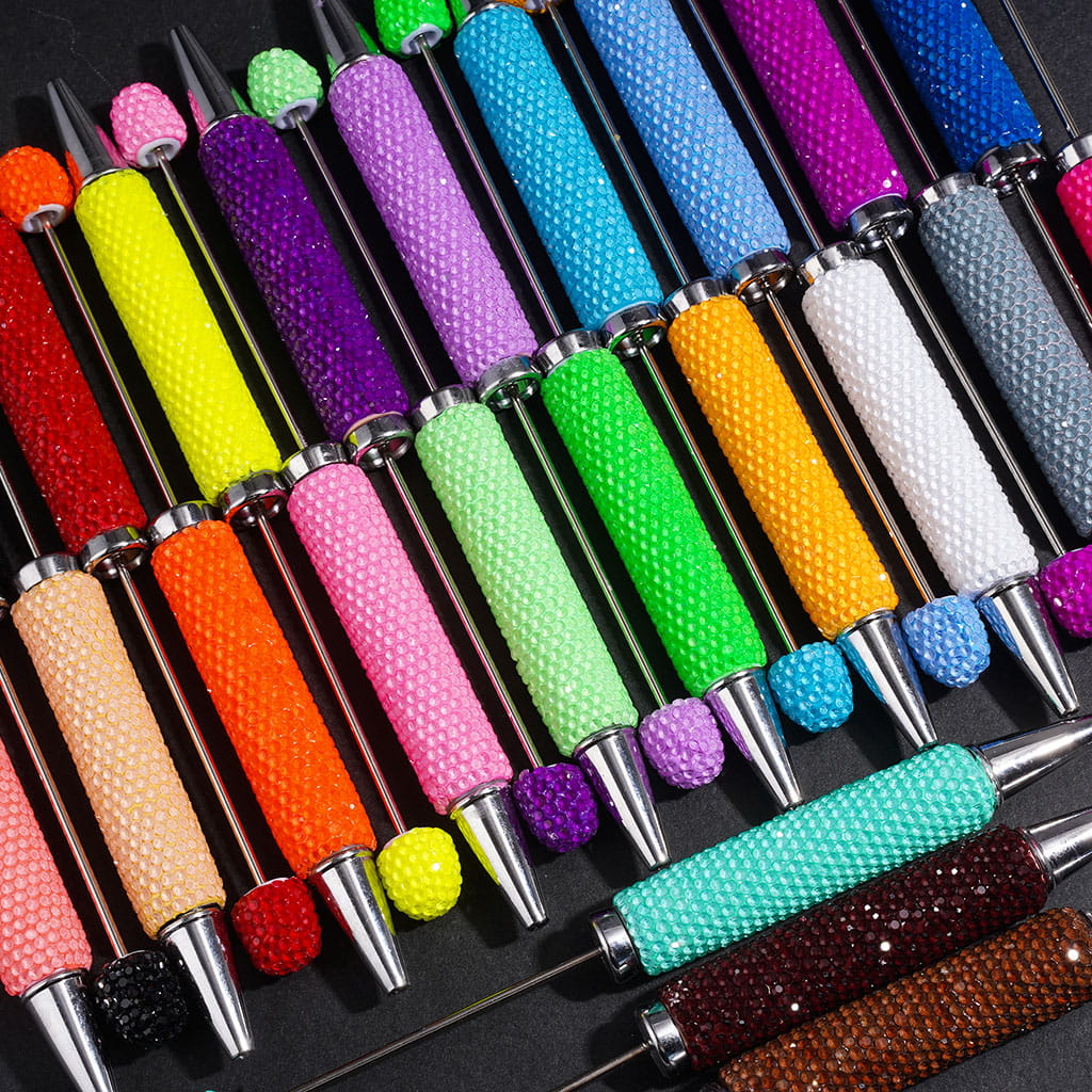 Beadable Clay Pens with Rhinestones Covered Entire the Pens, Silver Metal Ring, Multi-Color