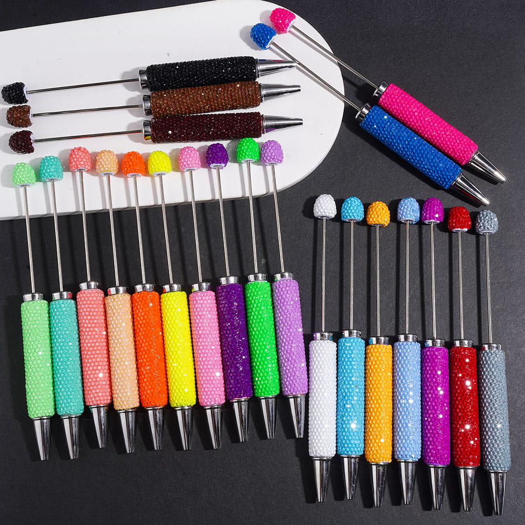 Beadable Clay Pens with Rhinestones Covered Entire the Pens, Silver Metal Ring, Multi-Color
