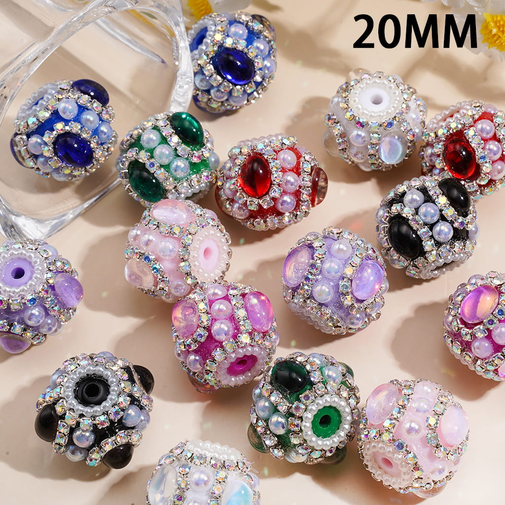 Handcrafted Acrylic Beads with UV Coating Elliptical Rhinestone & Half-Shell Pearl, AB Rhinestone & White Pearl Chains, 20MM