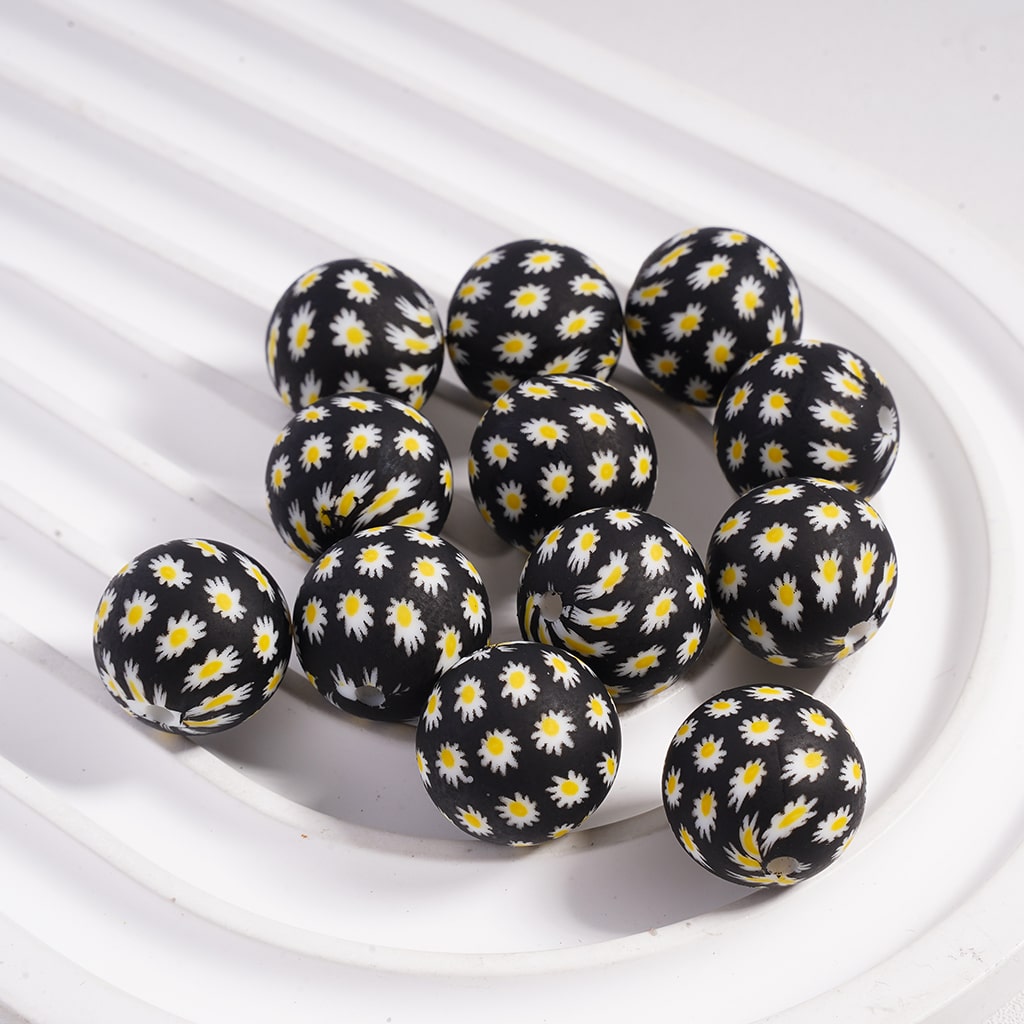 Mini Cute Daisy Flower Printed Silicone Beads 15MM, Black, Z-00307