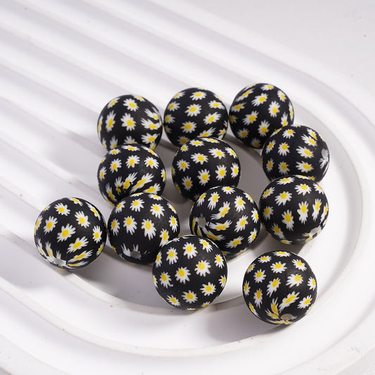 Mini Cute Daisy Flower Printed Silicone Beads 15MM, Black, Z-00307