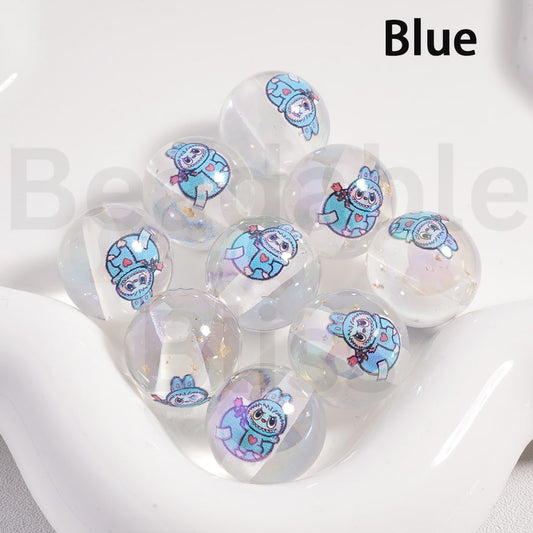 Acrylic Beads UV Coating Cute Blue Pink Cartoon Monster  with Gold Silver Foil Paper Inside, Clear, 16MM