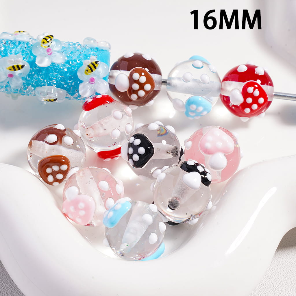 Acrylic Beads with Mushroom and White Polka Dots, 16MM, Multi-Color, Random Mix