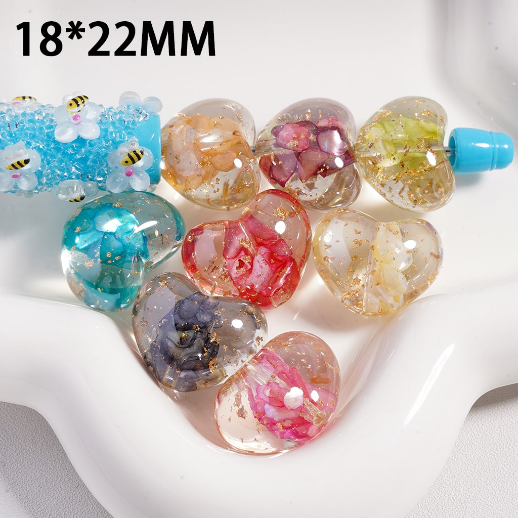 Acrylic Beads Heart with Gold Foil Paper Broken Shells Inside, Transparent, 18*22mm