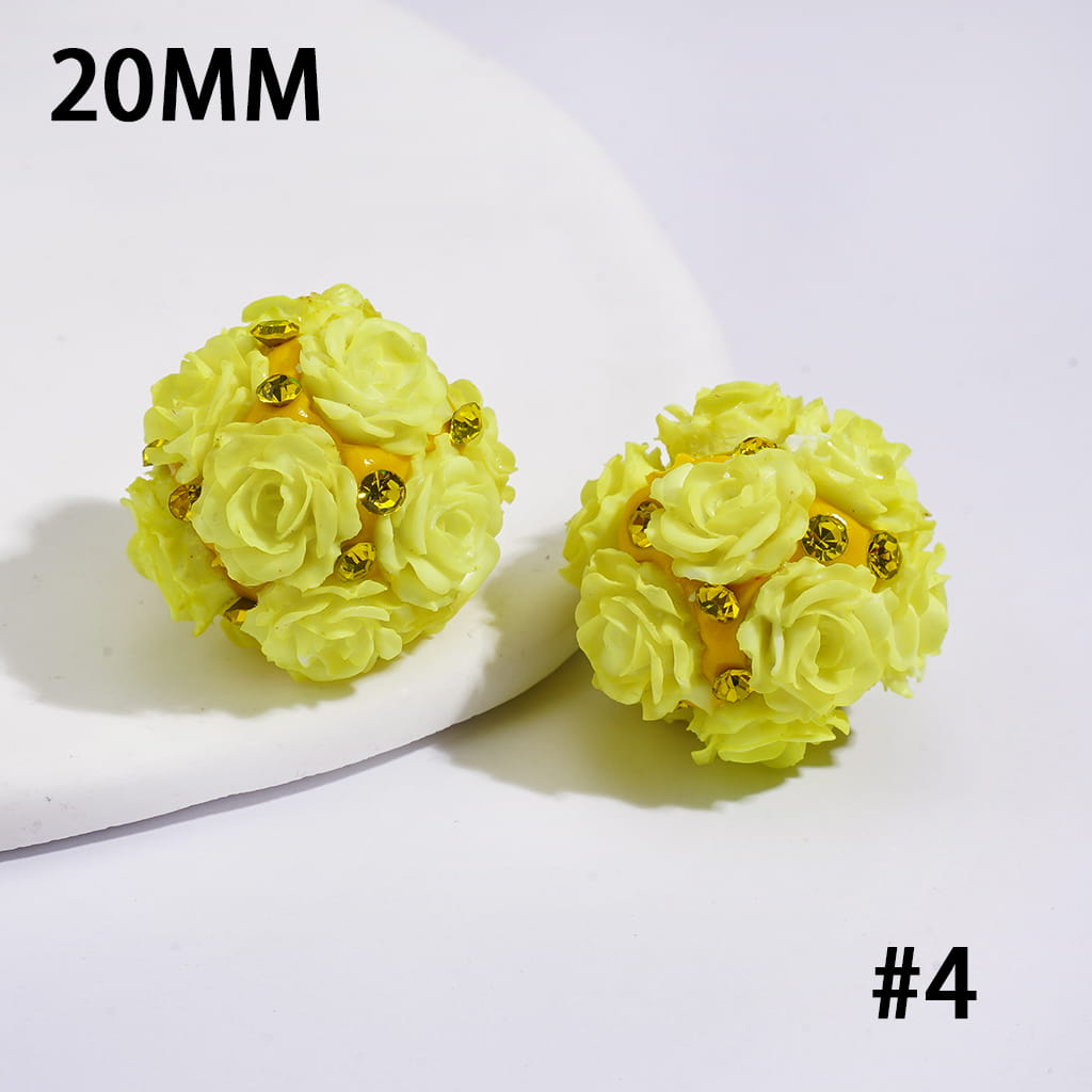 Clay Beads with Luminous Rose Flowers and Rhinestones, 20MM, Fluorescent Colors
