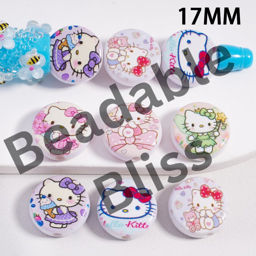 Acrylic Beads Cute Cat Double Side Prints, Flat Round Shape, Various Styles, 17MM