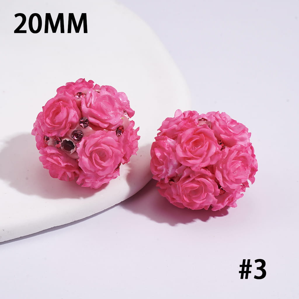 Clay Beads with Luminous Rose Flowers and Rhinestones, 20MM, Fluorescent Colors