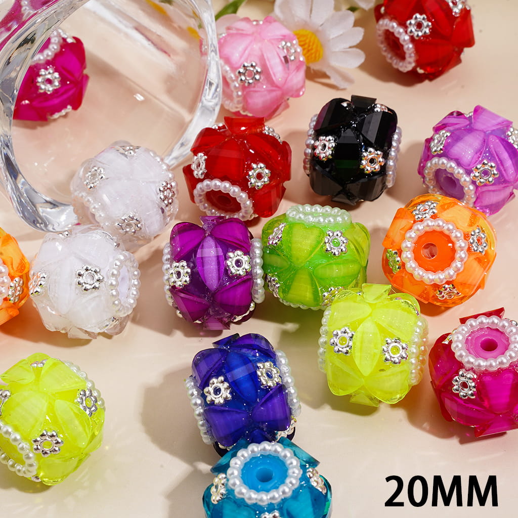 Hand-Made Acrylic Beads with Shiny Heart & Leaf Shaped Rhinestones, Silver Metal Flowers & White Pearl Chains, Neon, 20MM, Random Mix