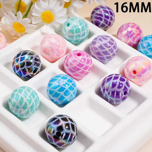 Acrylic Beads for Bracelets UV Coating with Fish Scale Texture in Assorted Colors, 16MM, Random Mix