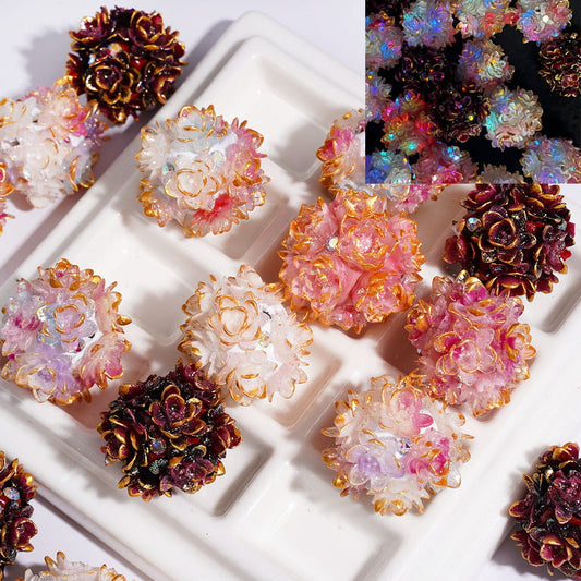 Clay Beads Luminous with Gold Color Edges Rose Flower and AB Rhinestones, Around 22MM